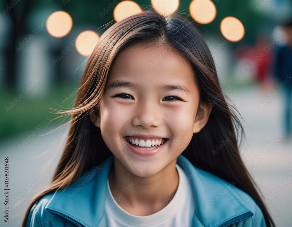 A cheerful Chinese girl stands outdoors, showcasing her radiant smile against a backdrop of lush trees and a lively park atmosphere, capturing the warmth of a sunny day. Mongoloid Asian face type. AI A cheerful Chinese girl stands outdoors, showcasing her radiant smile against a backdrop of lush trees and a lively park atmosphere, capturing the warmth of a sunny day. Mongoloid Asian face type. AI