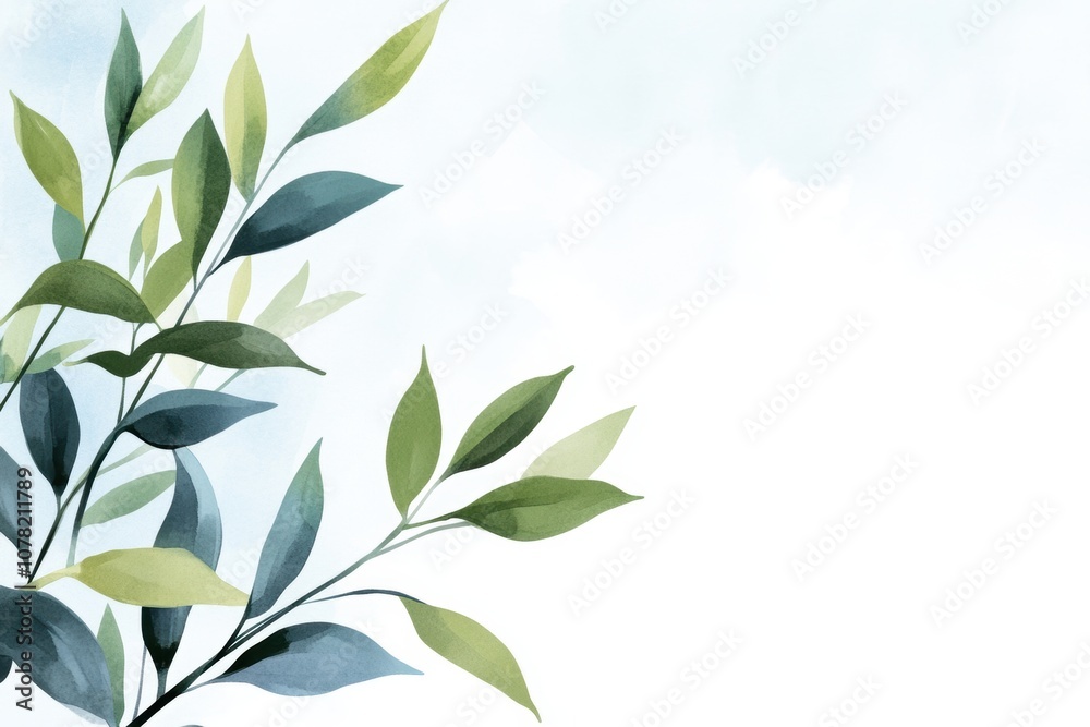 Watercolor Painting of Branch with Green Leaves - Serene Nature Watercolor Painting of Branch with Green Leaves - Serene Nature