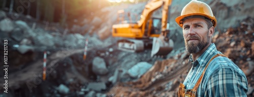 Male construction worker in a hard hat at a mining site during sunset. photo