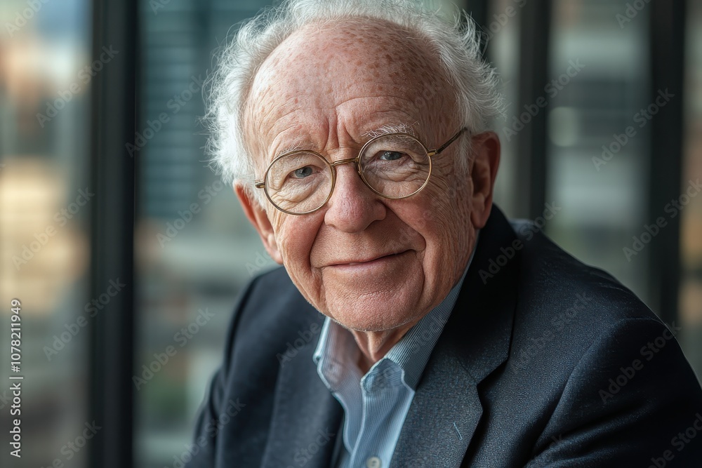 Smiling elderly man in a suit, softly blurred around his features, creating a warm and approachable feeling, with a gentle office backdrop Smiling elderly man in a suit, softly blurred around his features, creating a warm and approachable feeling, with a gentle office backdrop