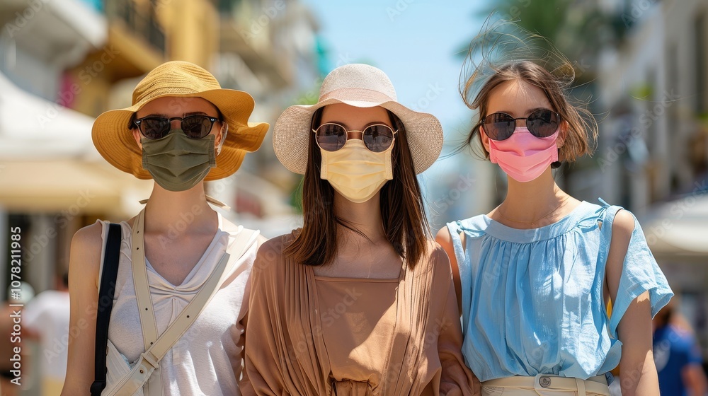 Three Friends Enjoying a Sunny Day in Lightweight Clothing and Masks Amidst a Vibrant Scene Three Friends Enjoying a Sunny Day in Lightweight Clothing and Masks Amidst a Vibrant Scene