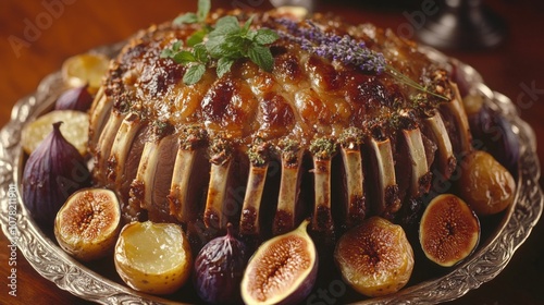 Exquisite Gourmet Dish with Figs and Lavendar Garnish photo