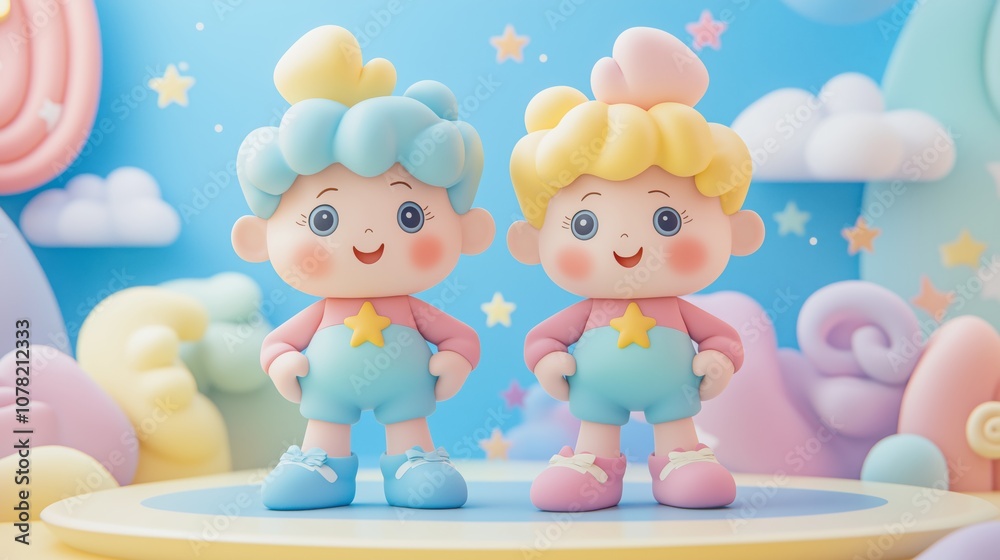 Playful 3d figurines of identical twins with stars and colorful backdrop for creative design Playful 3d figurines of identical twins with stars and colorful backdrop for creative design