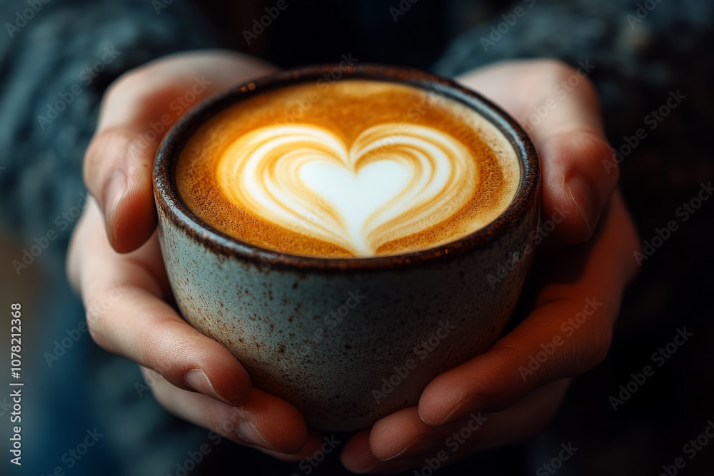Hands Holding a Cup of Latte Art Coffee with a Heart Design Hands Holding a Cup of Latte Art Coffee with a Heart Design