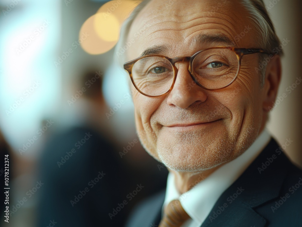 Candid shot of an elderly man in a suit, smiling warmly while talking with colleagues, natural light enhancing his kind expression Candid shot of an elderly man in a suit, smiling warmly while talking with colleagues, natural light enhancing his kind expression