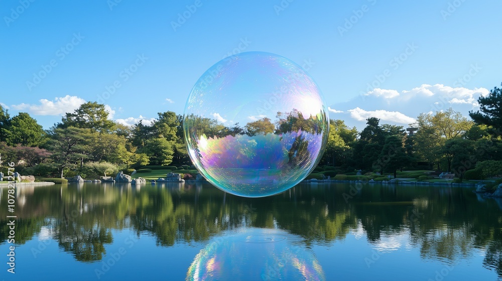 A single giant iridescent soap bubble floating above a Pond in the Park. Perfect for Wallpapers and Posters. A single giant iridescent soap bubble floating above a Pond in the Park. Perfect for Wallpapers and Posters.