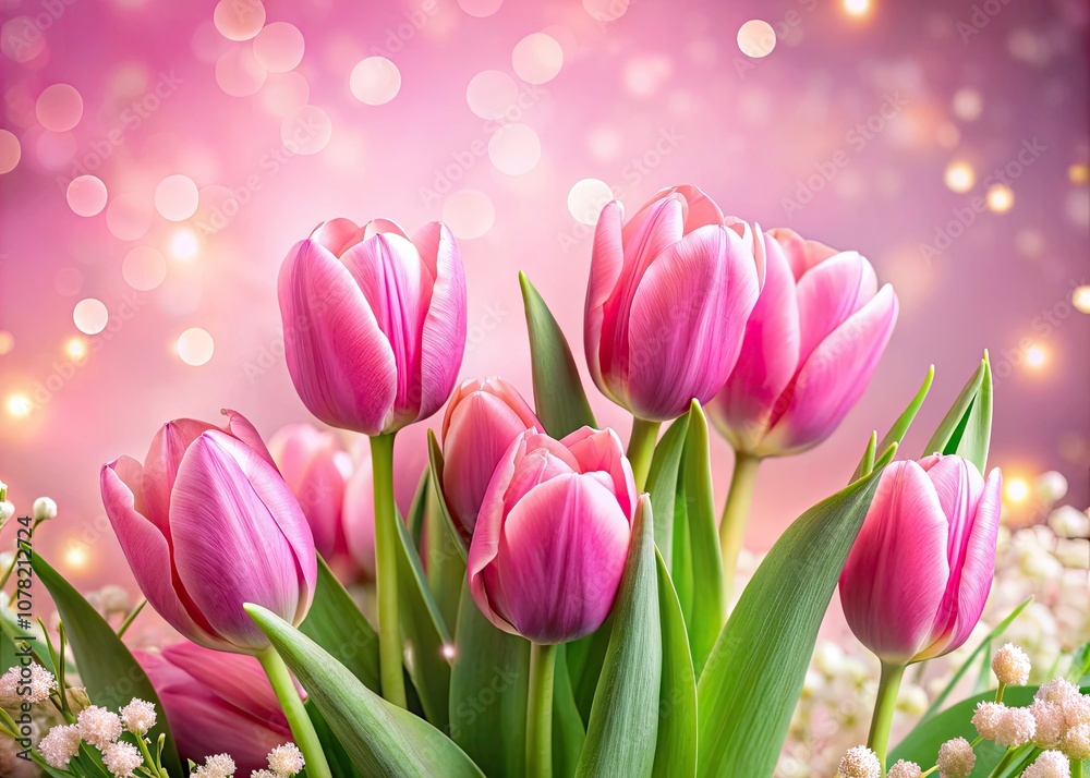 Vibrant Pink Tulips with White Flowers on Soft Pink Background for Springtime Celebrations