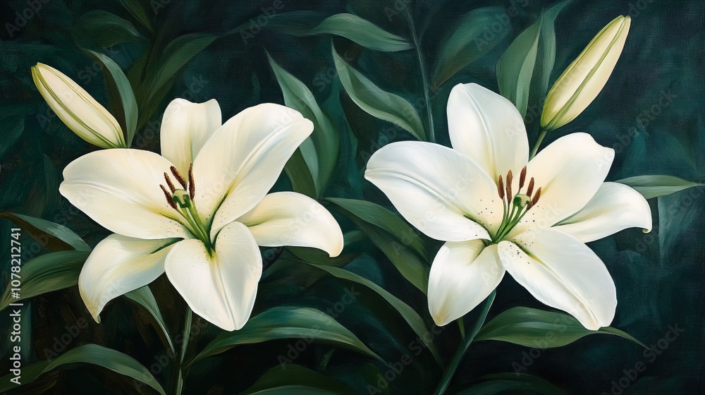 Obraz premium White and cream lilies and green leaves