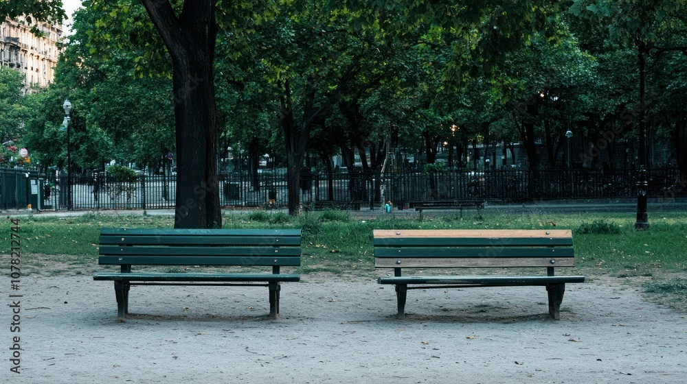 Two empty benches in a park with green grass and trees. Two empty benches in a park with green grass and trees.