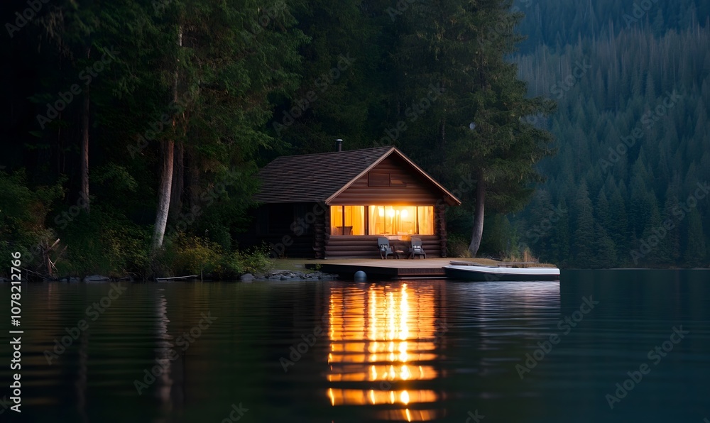 A quiet lakeside cabin at dusk, surrounded by nature, Generative AI A quiet lakeside cabin at dusk, surrounded by nature, Generative AI