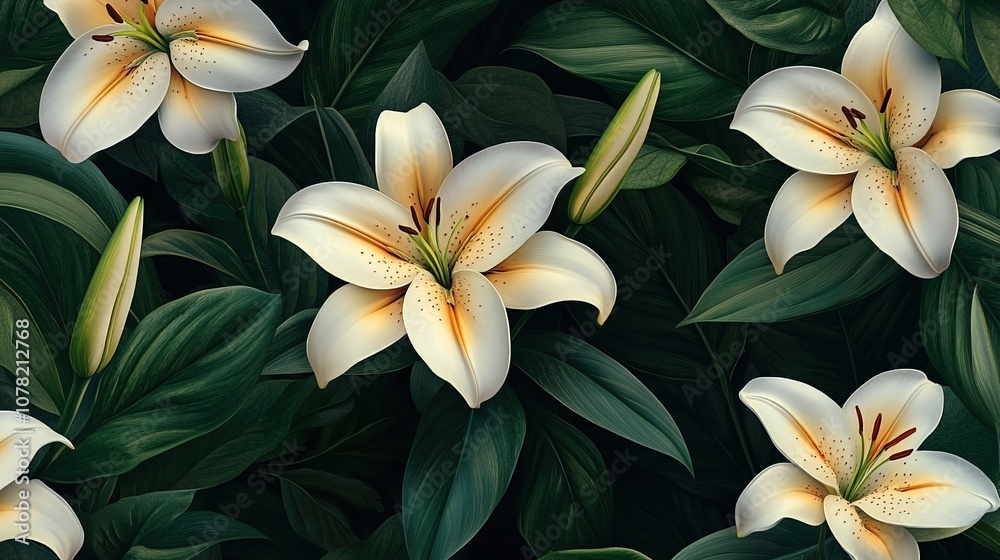 Fototapeta premium White and cream lilies and green leaves