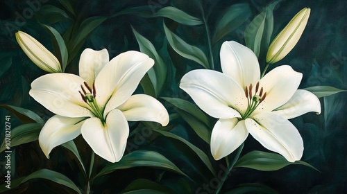 White and cream lilies and green leaves photo