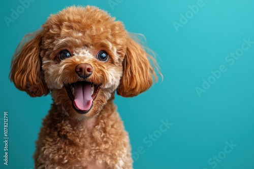 Brown poodle with an afro hairstyle posing for a playful portrait.