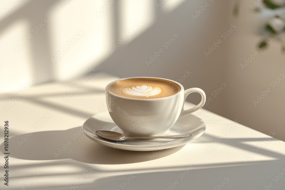 Latte Art Coffee Cup with Sunlight and Shadow Latte Art Coffee Cup with Sunlight and Shadow
