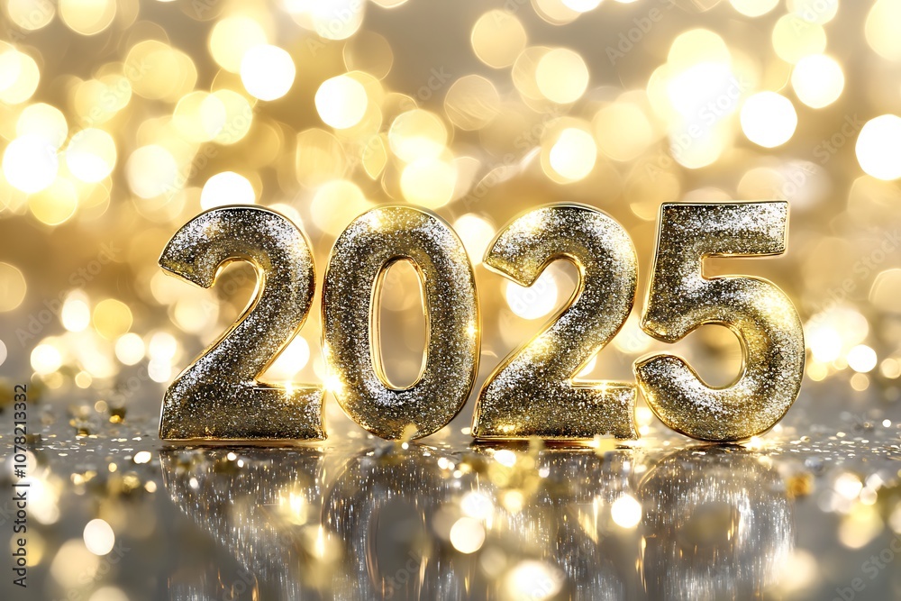 Sparkling golden 2025 numbers with a background of glowing stars and soft bokeh lights.