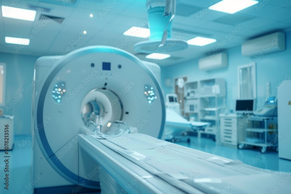 Modern CT Scan Machine in a Clean, Well-Lit Medical Imaging Room at a Hospital, Ready for Patient Use During Daylight Hours Modern CT Scan Machine in a Clean, Well-Lit Medical Imaging Room at a Hospital, Ready for Patient Use During Daylight Hours
