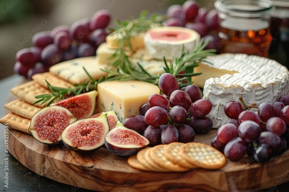 A Wooden Platter of Cheese, Grapes, Figs, and Crackers A Wooden Platter of Cheese, Grapes, Figs, and Crackers