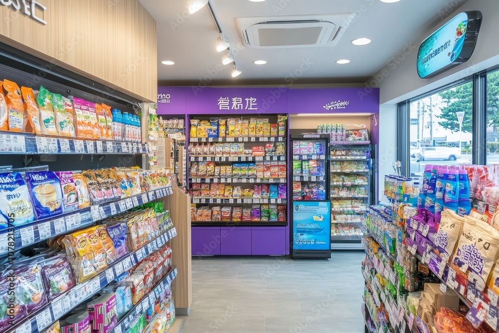 Rows of colorful snack food packages on shelves in a modern convenience store. Rows of colorful snack food packages on shelves in a modern convenience store.