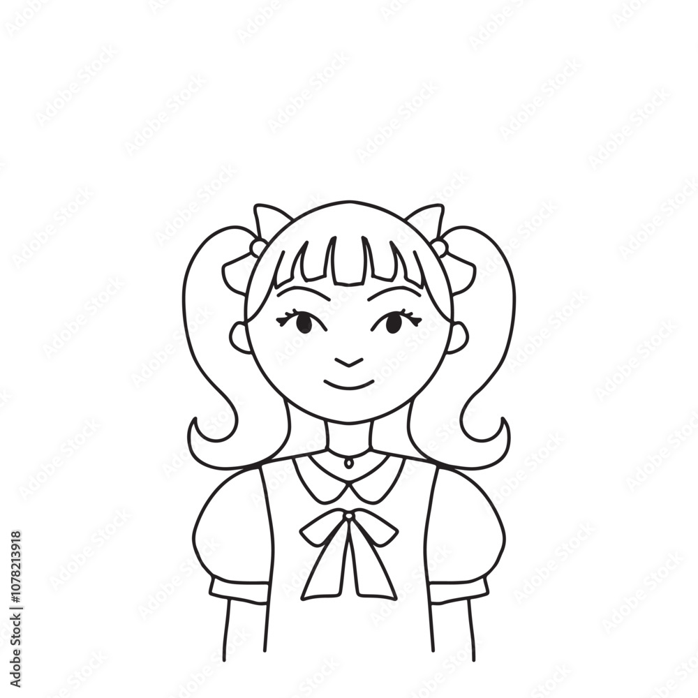 Little girl ribbon hair tie illustration for kids coloring book and learning project Little girl ribbon hair tie illustration for kids coloring book and learning project
