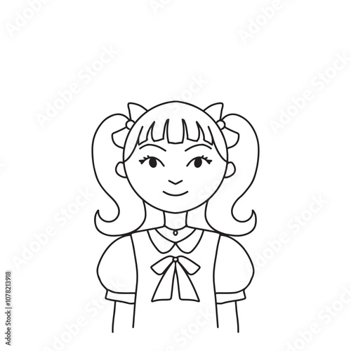 Little girl ribbon hair tie illustration for kids coloring book and learning project