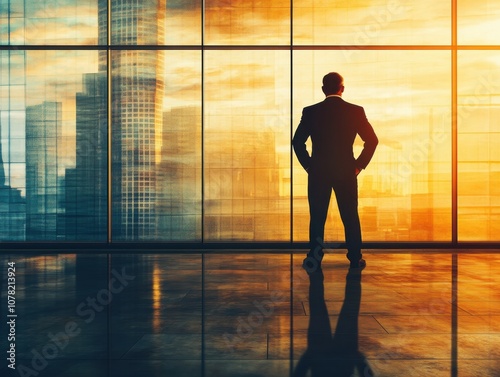 Elderly businessman in silhouette, standing against a light-filled boardroom window, his warm and kind posture visible in dark contrast