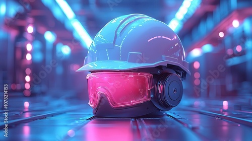 Futuristic construction helmet with neon lights, symbolizing innovation and safety in industrial environments.