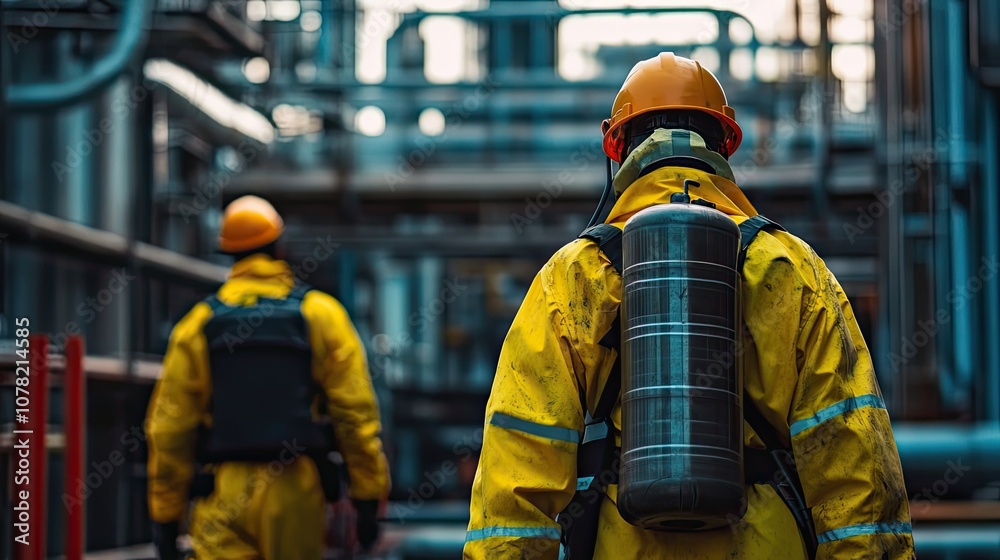 Two Industrial Workers in Yellow Suits and Hard Hats Two Industrial Workers in Yellow Suits and Hard Hats