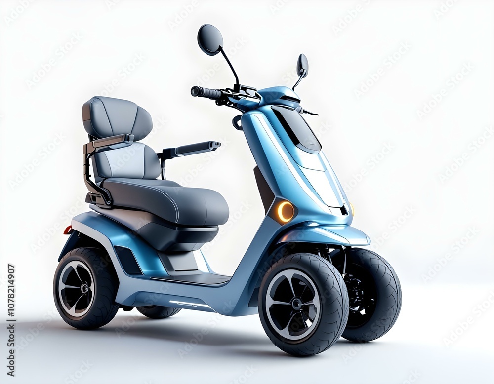 Futuristic 3D Rendering of a Metallic Blue Mobility Scooter with LED Display, Hand Controls, and Chrome Wheels – Isolated on White Background Futuristic 3D Rendering of a Metallic Blue Mobility Scooter with LED Display, Hand Controls, and Chrome Wheels – Isolated on White Background