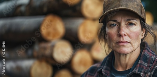 Serious female lumberjack with a pile of logs