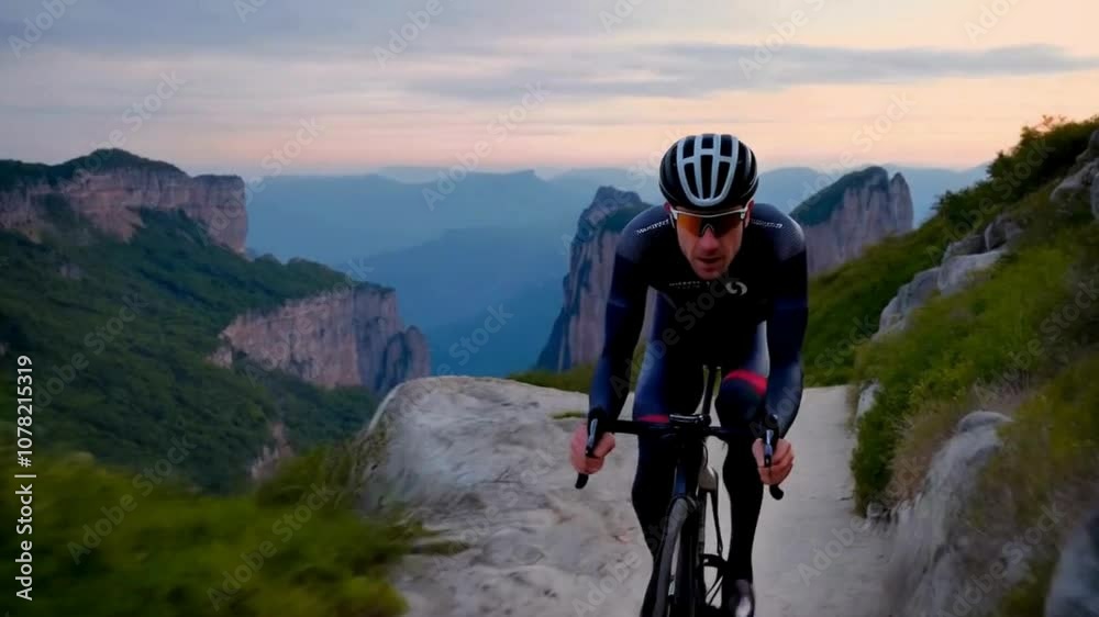 Cyclist Riding Up a Mountain Pass with Stunning View Cyclist Riding Up a Mountain Pass with Stunning View
