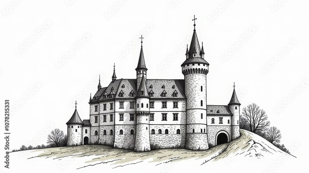 castle drawn with pencil on white background castle drawn with pencil on white background