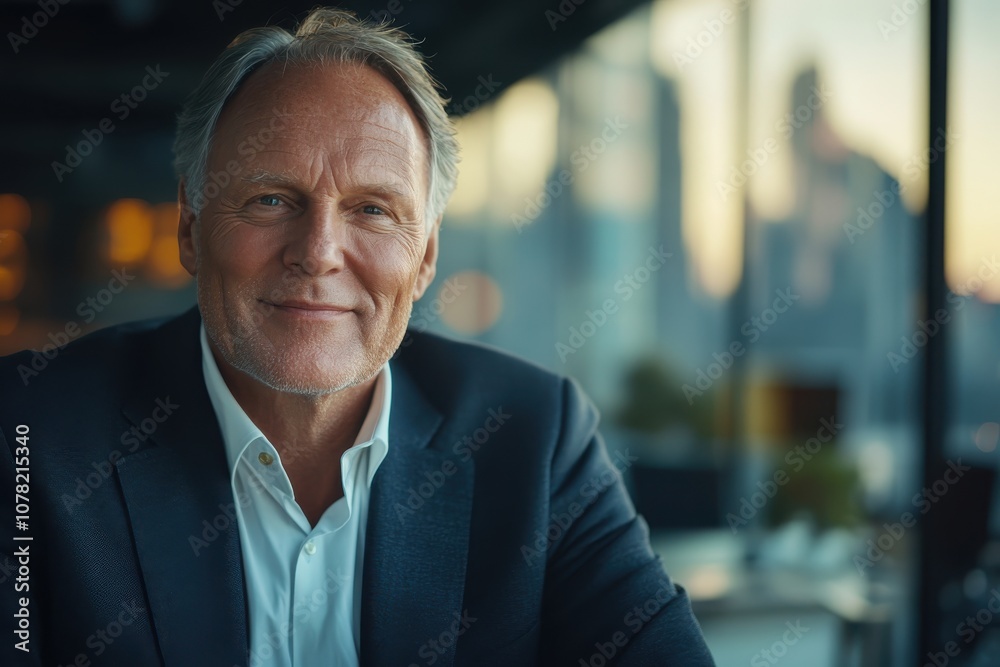 Elderly man in a suit, smiling kindly, captured in a panoramic image with a wide cityscape backdrop and expansive office interior Elderly man in a suit, smiling kindly, captured in a panoramic image with a wide cityscape backdrop and expansive office interior