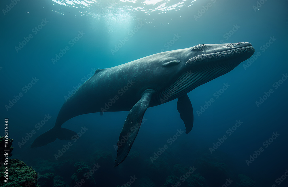 Fototapeta premium a whale swimming gracefully in the ocean, with a backdrop of a vibrant underwater ecosystem