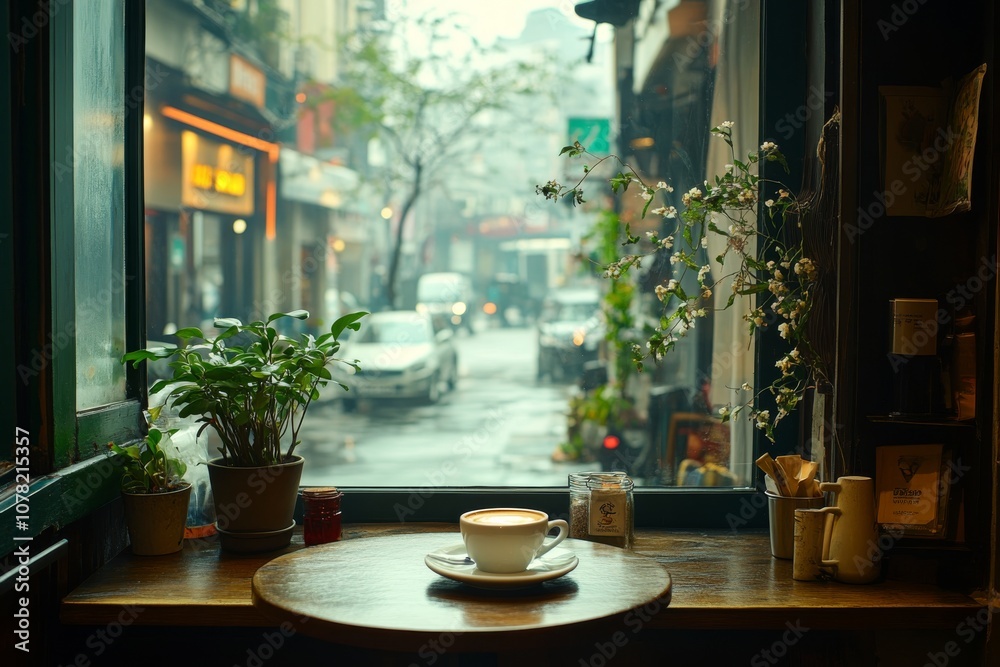 Rainy Day Coffee Shop Window View with Latte Art Rainy Day Coffee Shop Window View with Latte Art