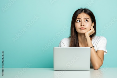 Thoughtful Woman Working on Laptop Blue Background