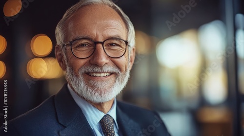 Elderly man in a suit, candidly captured while chatting with a colleague, unposed smile and natural body language, in a casual office setting