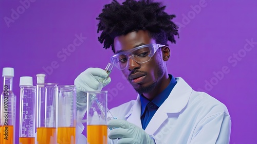 A scientist in a lab coat examines a test tube of yellow liquid. photo