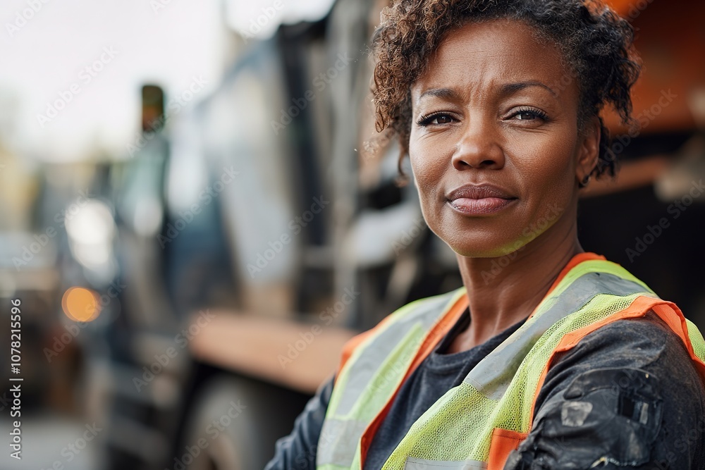 Confident woman in safety gear by truck Confident woman in safety gear by truck