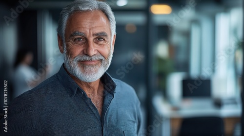 Unposed portrait of a kind elderly CEO, caught smiling as he walks through a modern office, relaxed and approachable demeanor