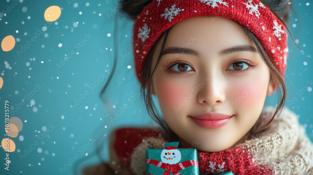 Festive Portrait of Asian Young Adult Female Wearing Festive Headband With Snowman Scarf Holding Christmas Gift Festive Portrait of Asian Young Adult Female Wearing Festive Headband With Snowman Scarf Holding Christmas Gift