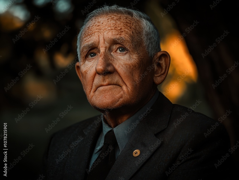 Elderly businessman in a suit, soft focus on his kind face with a gentle blur to the edges, creating a dreamy and professional aura