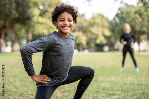 Young athlete smiles while practicing lunges in outdoor park setting for active lifestyle