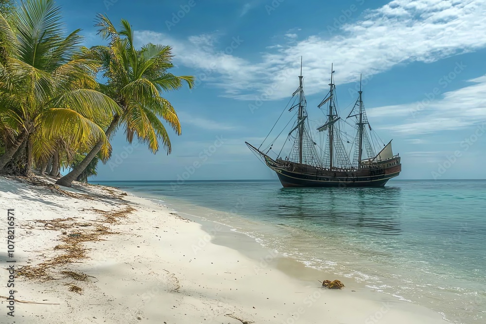 A large, historic wooden sailing ship sits at anchor off the coast of a tropical island. Palm trees line the white sand beach, and the ocean is calm and blue. A large, historic wooden sailing ship sits at anchor off the coast of a tropical island. Palm trees line the white sand beach, and the ocean is calm and blue.