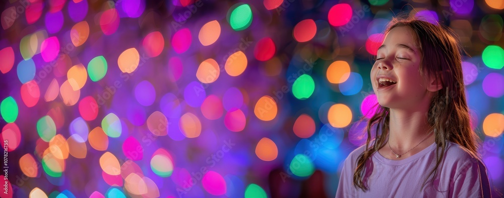 Young girl with brown hair enjoying a festive celebration with colorful lights. Young girl with brown hair enjoying a festive celebration with colorful lights.
