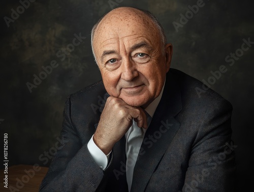 Elderly businessman in a suit, candidly smiling while leaning on a desk, natural and unposed with a warm, kind face photo