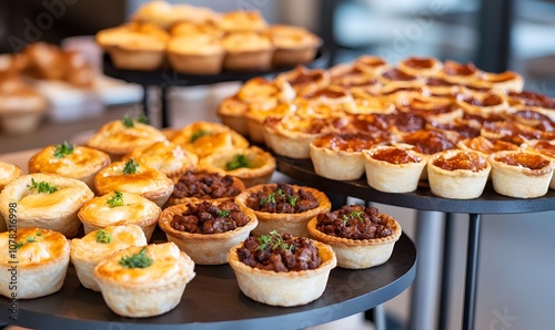 Table full of different types of meat pie cups, Generative AI