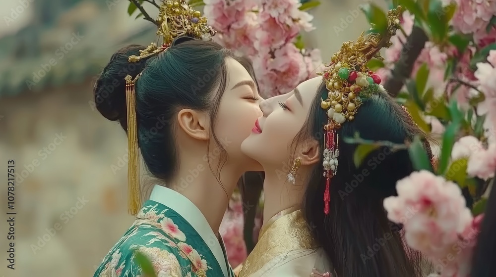 Obraz premium Two women in traditional Asian clothing embrace under a blooming cherry blossom tree.