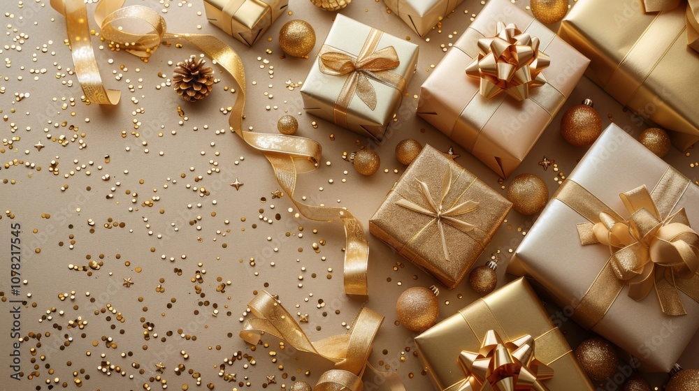 Happy birthday. background is made of beige, with golden gift boxes and ribbons on left side. right corner has blank space for text. It's flat design, with overhead view of gold gifts and bows Happy birthday. background is made of beige, with golden gift boxes and ribbons on left side. right corner has blank space for text. It's flat design, with overhead view of gold gifts and bows