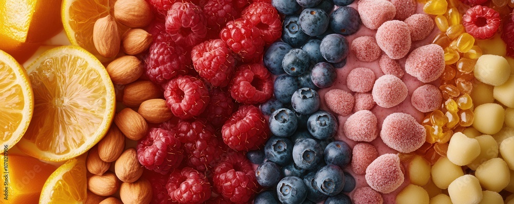 A vibrant arrangement of assorted fruits, including oranges, raspberries, blueberries, and almond, showcasing colorful and healthy food options. A vibrant arrangement of assorted fruits, including oranges, raspberries, blueberries, and almond, showcasing colorful and healthy food options.