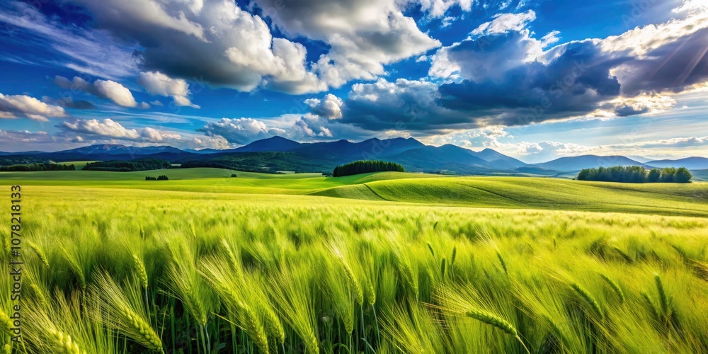 Obraz premium Vast Barley Field in Spring, Bavaria: Lush Green Landscape, Scenic Rural Beauty, Agricultural Serenity, Nature's Splendor, Blue Sky, Vibrant Crops, Tranquil Countryside, Seasonal Awakening